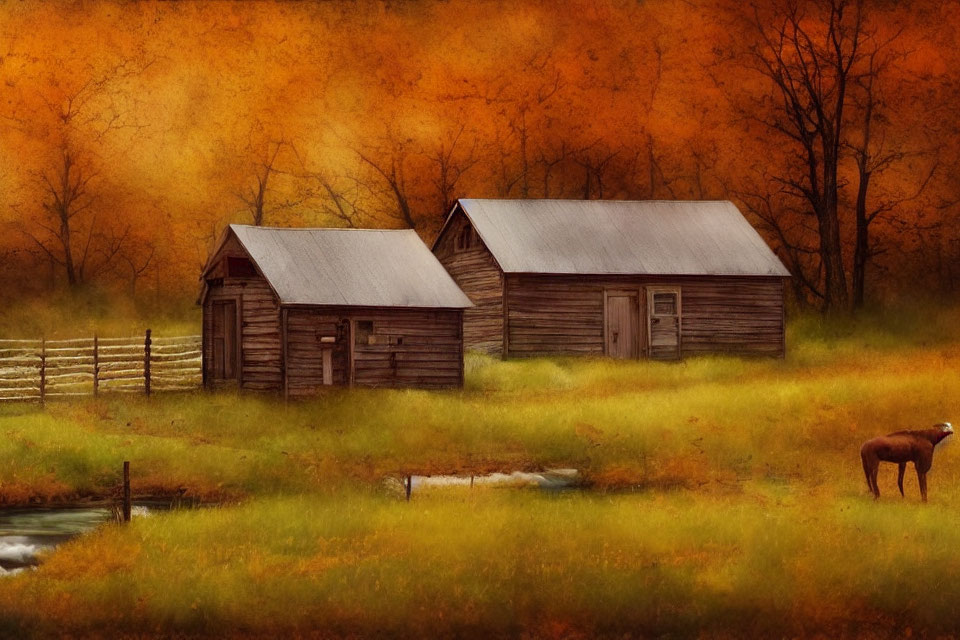 Rustic wooden cabins, sheep, pond, and barren trees in autumn scenery