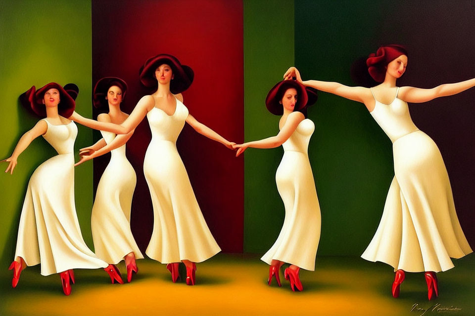 Stylized women in white dresses and red heels posing against colorful background