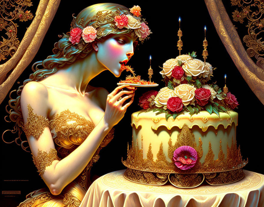 Illustrated woman in golden dress enjoying cake with roses and candles on dark floral background