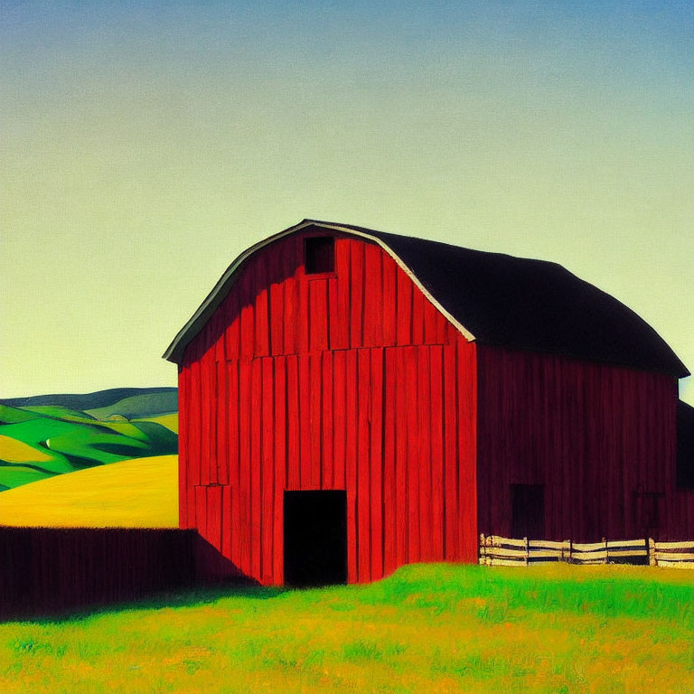 Vibrant red barn with dark roof in sunny rural landscape