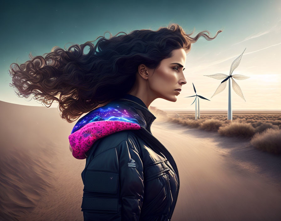 Digital artwork: Woman with flowing hair in futuristic jacket gazing at desert wind turbines at dusk