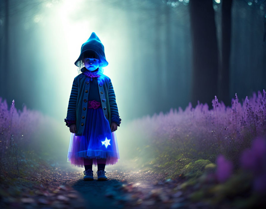 Child in blue outfit with star lantern in misty purple-flowered forest