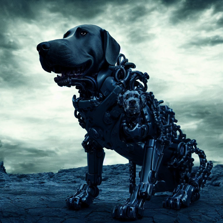 Cyborg dog with organic and robotic parts in stormy landscape