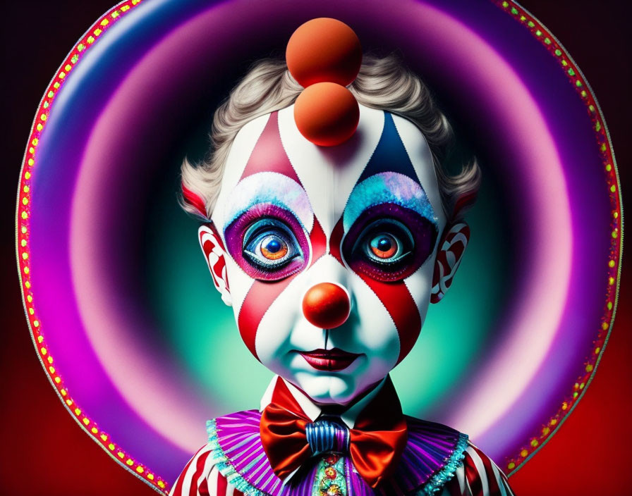 Colorful Clown with Intricate Face Paint and Traditional Costume on Psychedelic Background