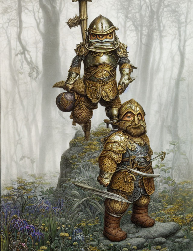 Armored dwarf warriors in misty forest with large hammer.