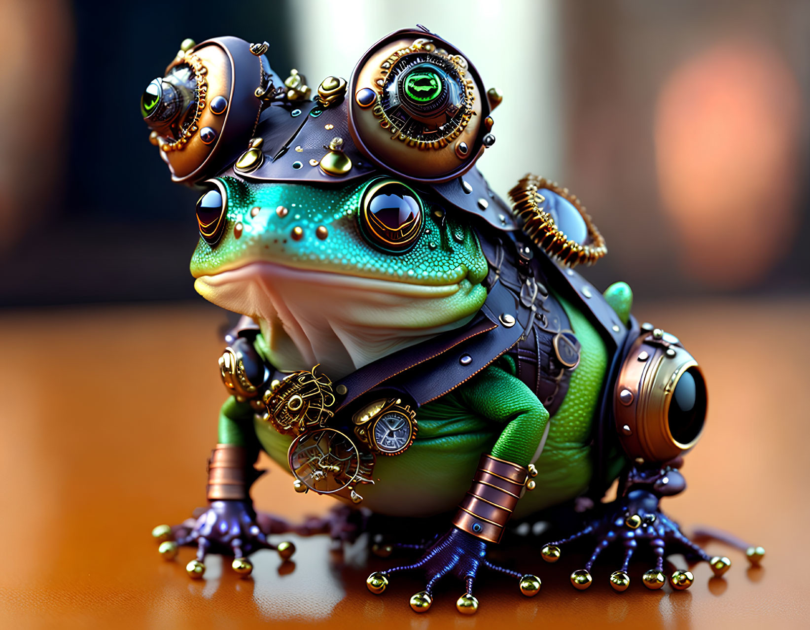 Steampunk-style frog with gears and goggles in digital art