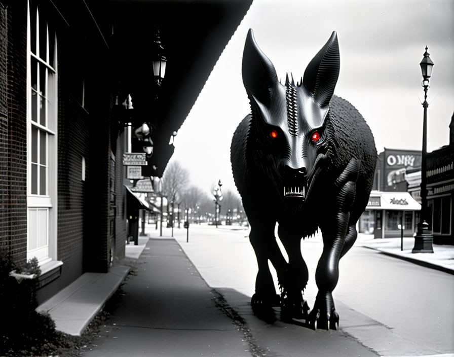 Menacing black wolf with glowing red eyes in desolate street.