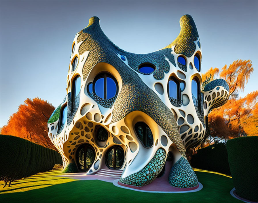 Futuristic organic-shaped building surrounded by autumn trees and blue sky