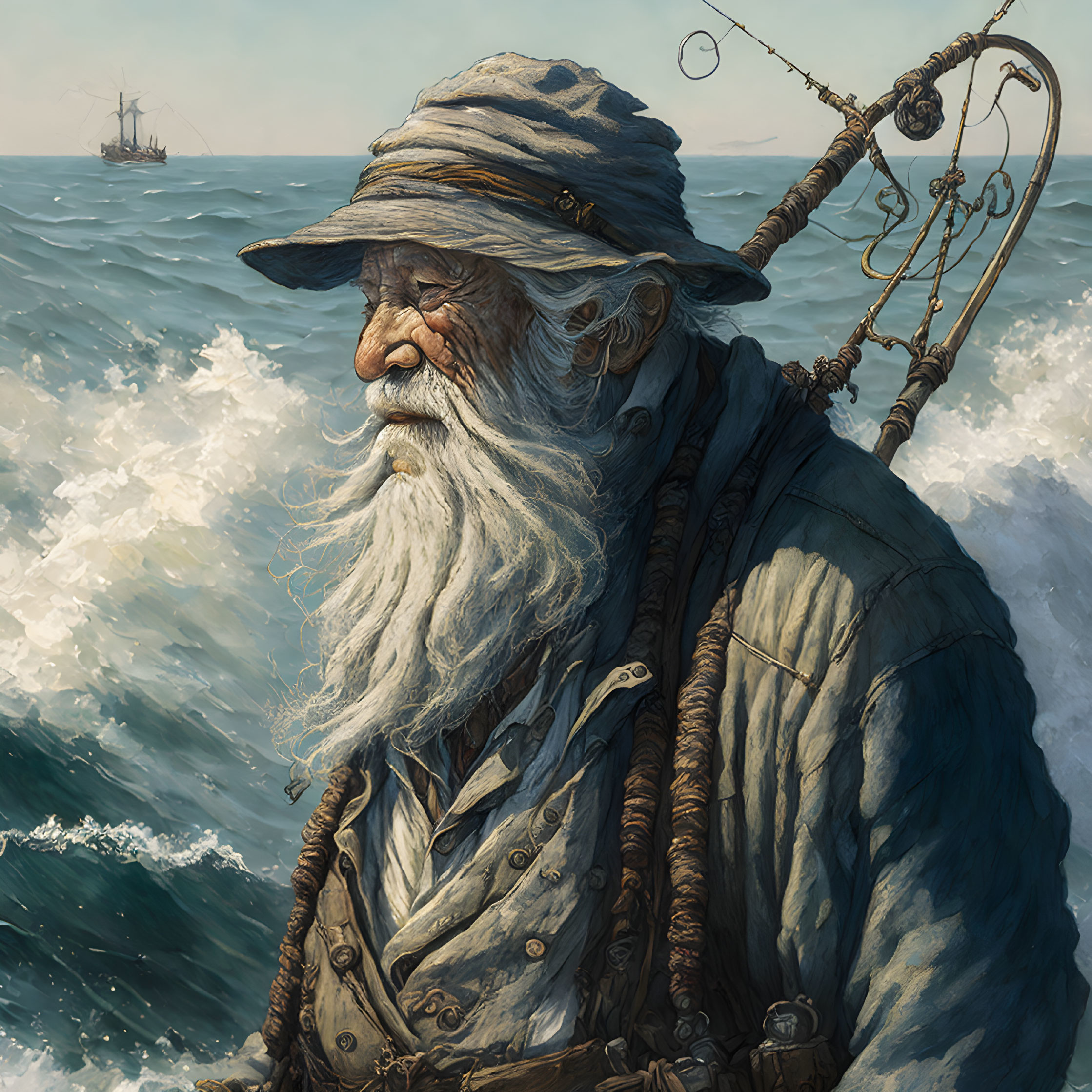 Elderly bearded fisherman with fishing rod at sea