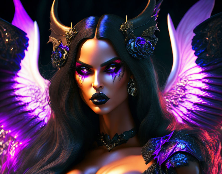 Mysterious female figure with horns and iridescent wings on dark background