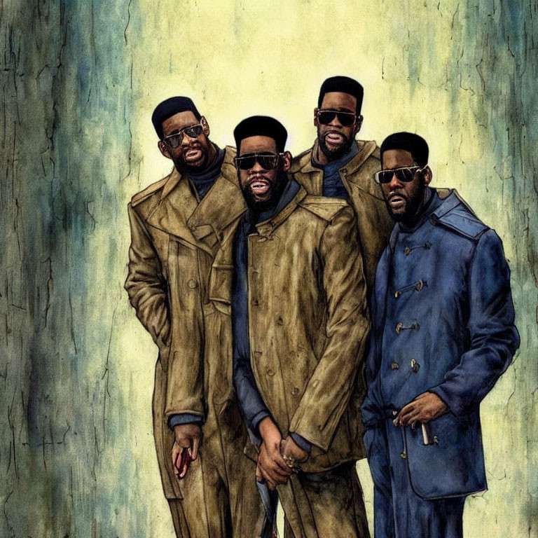 Four stylish men in coats and sunglasses on textured background