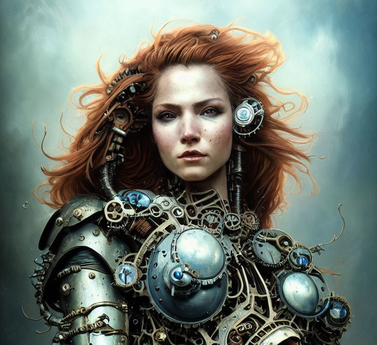 Red-haired woman with steampunk mechanical body - gears and spheres.