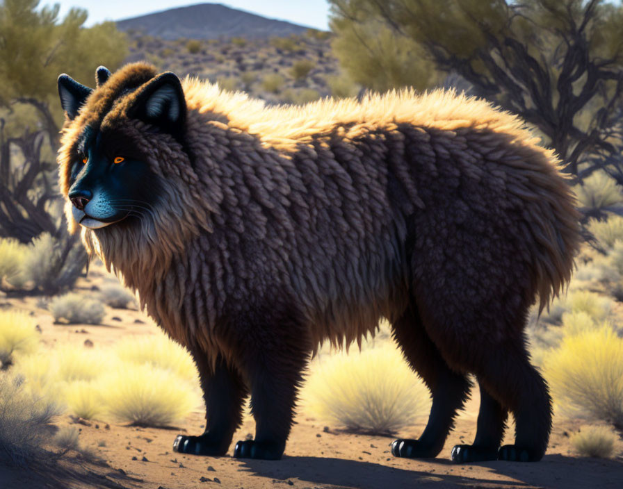 Large Fluffy Mythical Creature with Fox-Like Face in Desert Landscape