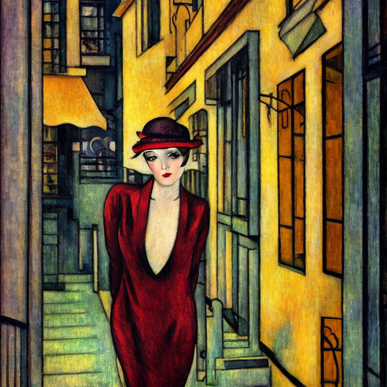 Woman in red dress and hat on vibrant urban street with geometric buildings and street lamp.