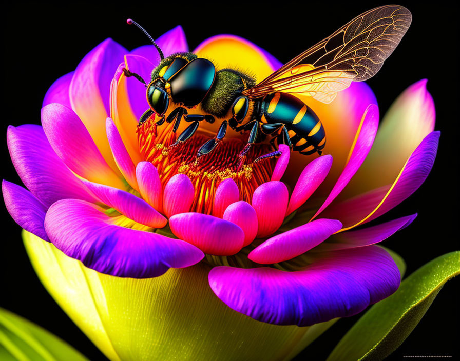 Colorful Bee Pollinating Multicolored Flower