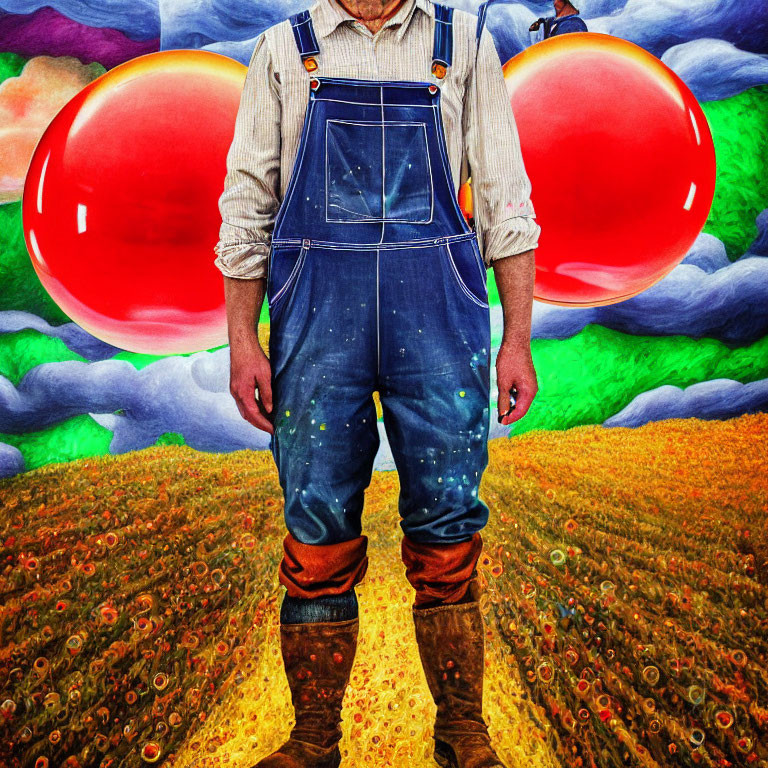 Colorful surreal image: person in overalls on flower field with red balloons, blue sky.