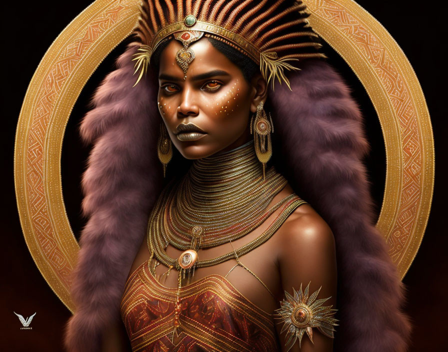 Intricate golden jewelry on majestic woman against dark background