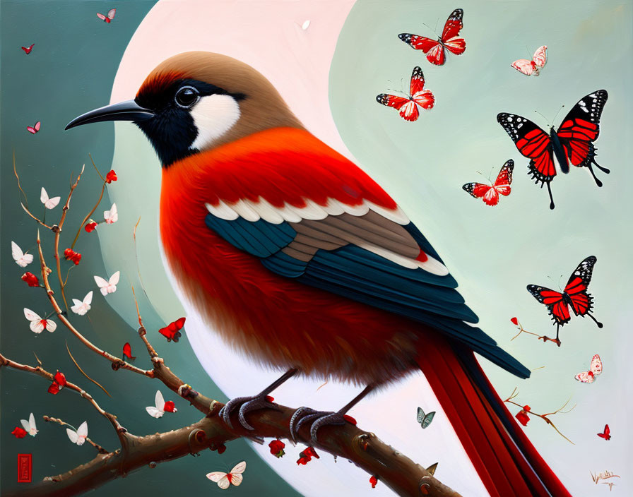 Colorful bird on branch with butterflies and blossoms