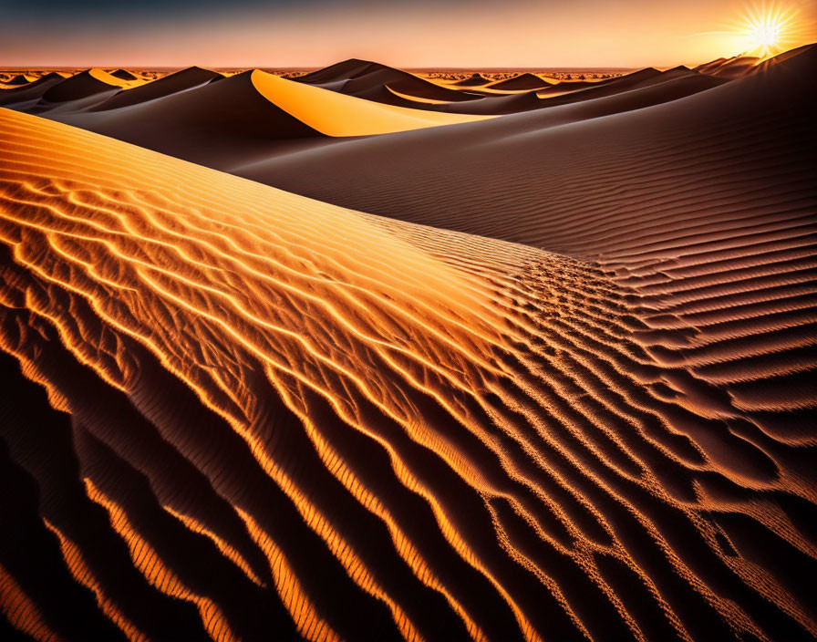 Sunset over rippling sand dunes in a vast desert