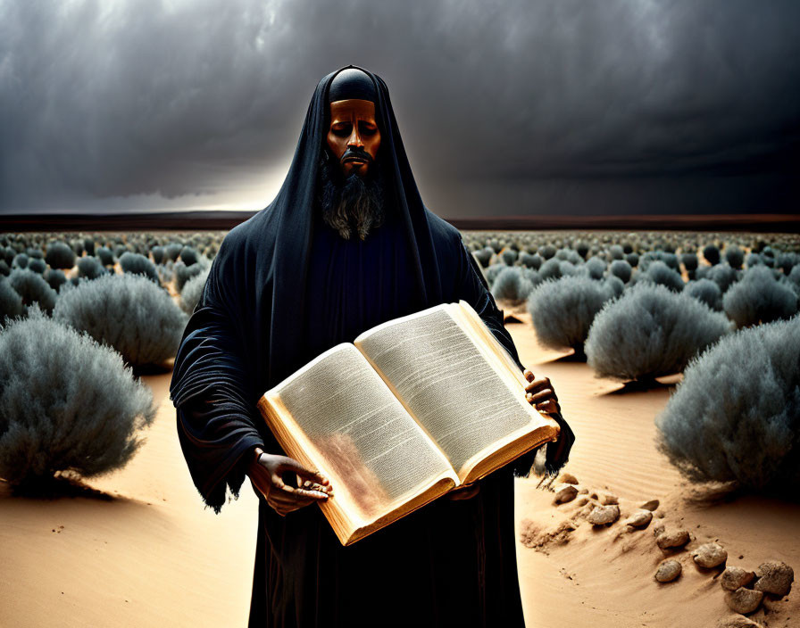 Robed Figure Holding Open Book in Desert Storm Scene