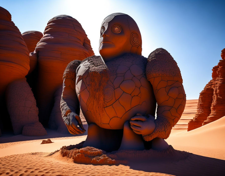 Large Turtle-Like Statue with Human-Like Arms in Desert Landscape