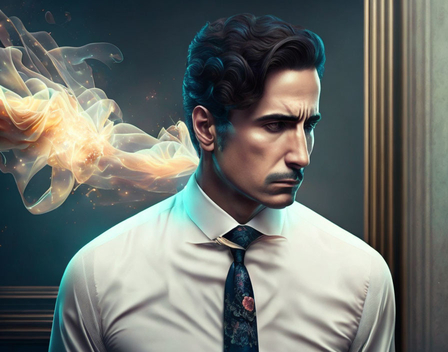 Man with stylized hairdo and floral tie emitting fiery substance