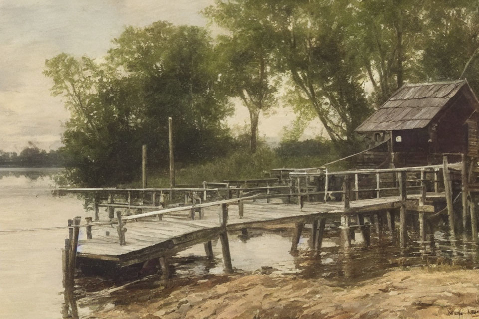 Rustic wooden pier by calm lake with boathouse and trees