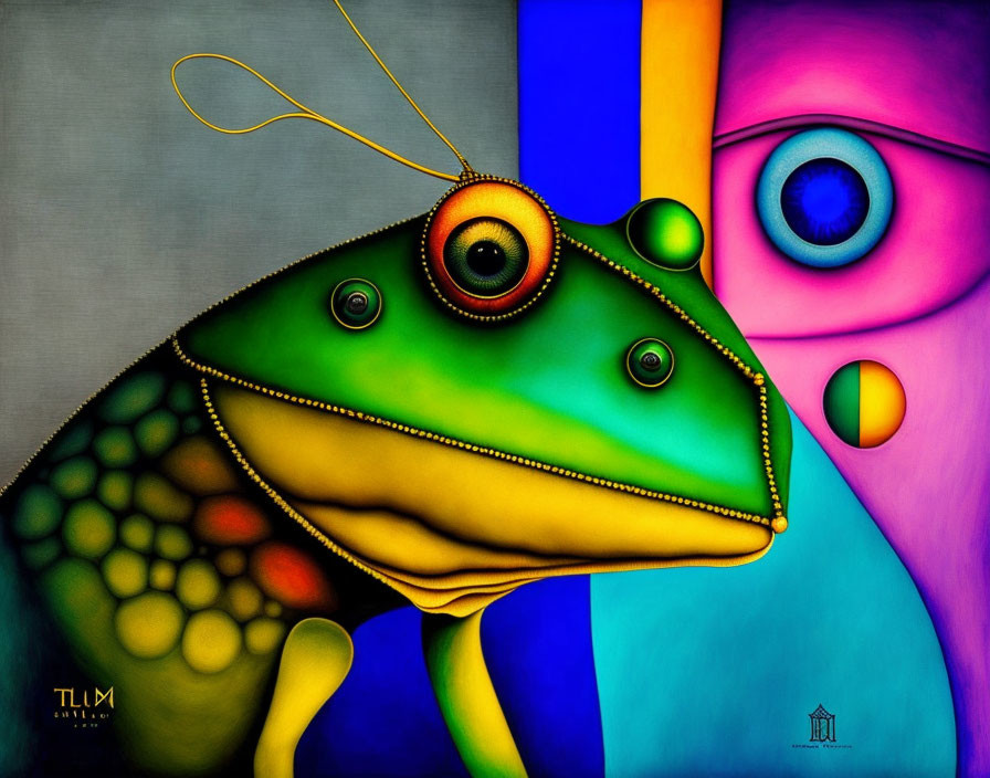 Vibrant chameleon painting on abstract geometric backdrop