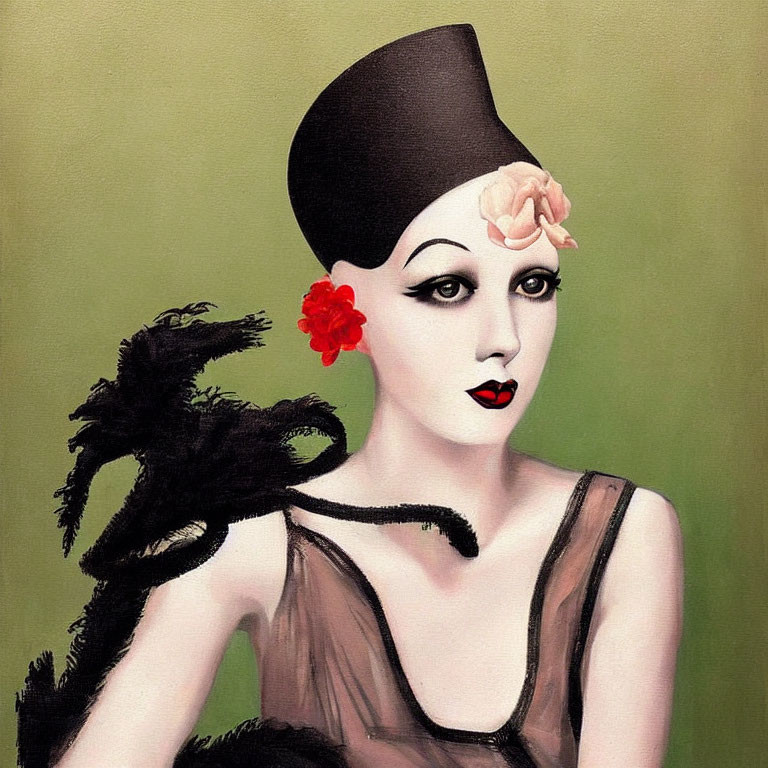 Portrait of Woman with Pale Skin, Dark Lipstick, Black Headpiece, Red Flower, and Fe