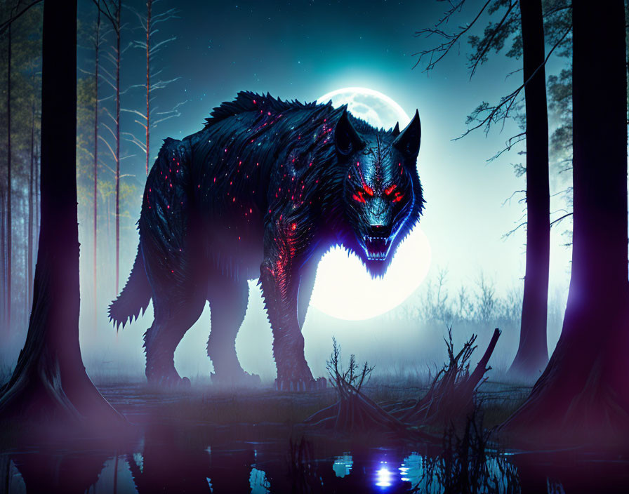 Majestic mythical wolf with glowing red eyes in moonlit forest