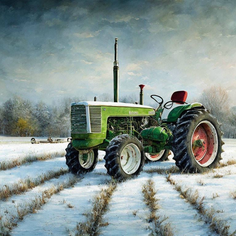 Vintage Green Tractor in Snowy Field Under Overcast Skies