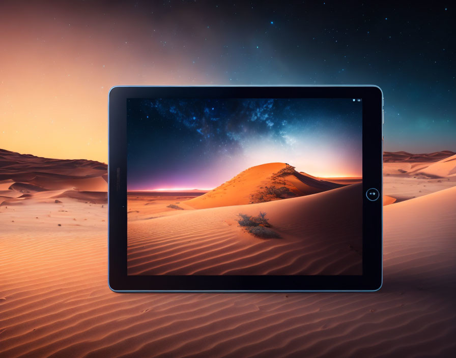 Tablet displays starry night skies and sand dunes in desert landscape