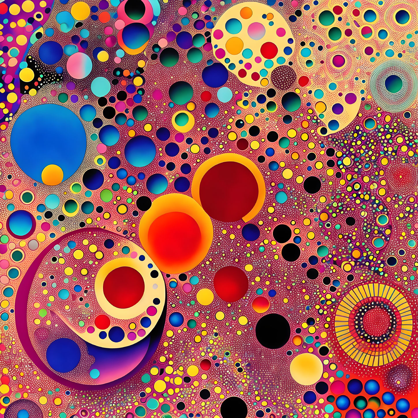 Colorful digital artwork with multicolored circles and dots in intricate psychedelic pattern