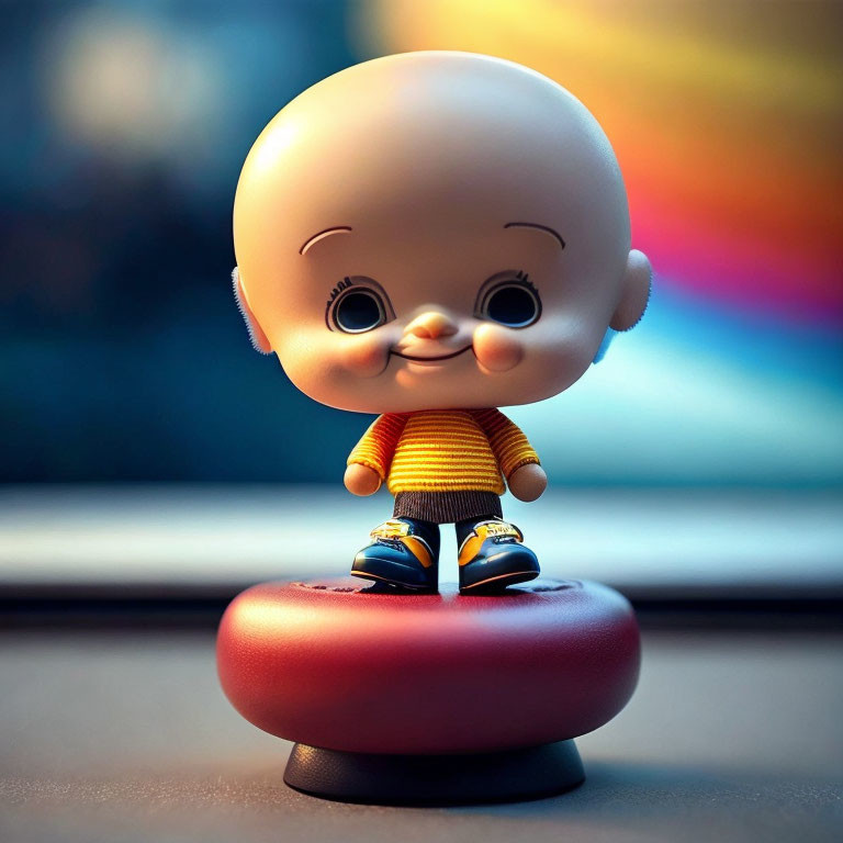 Vinyl toy figure with bald head, smiling face, oversized eyes, striped shirt, black shorts,