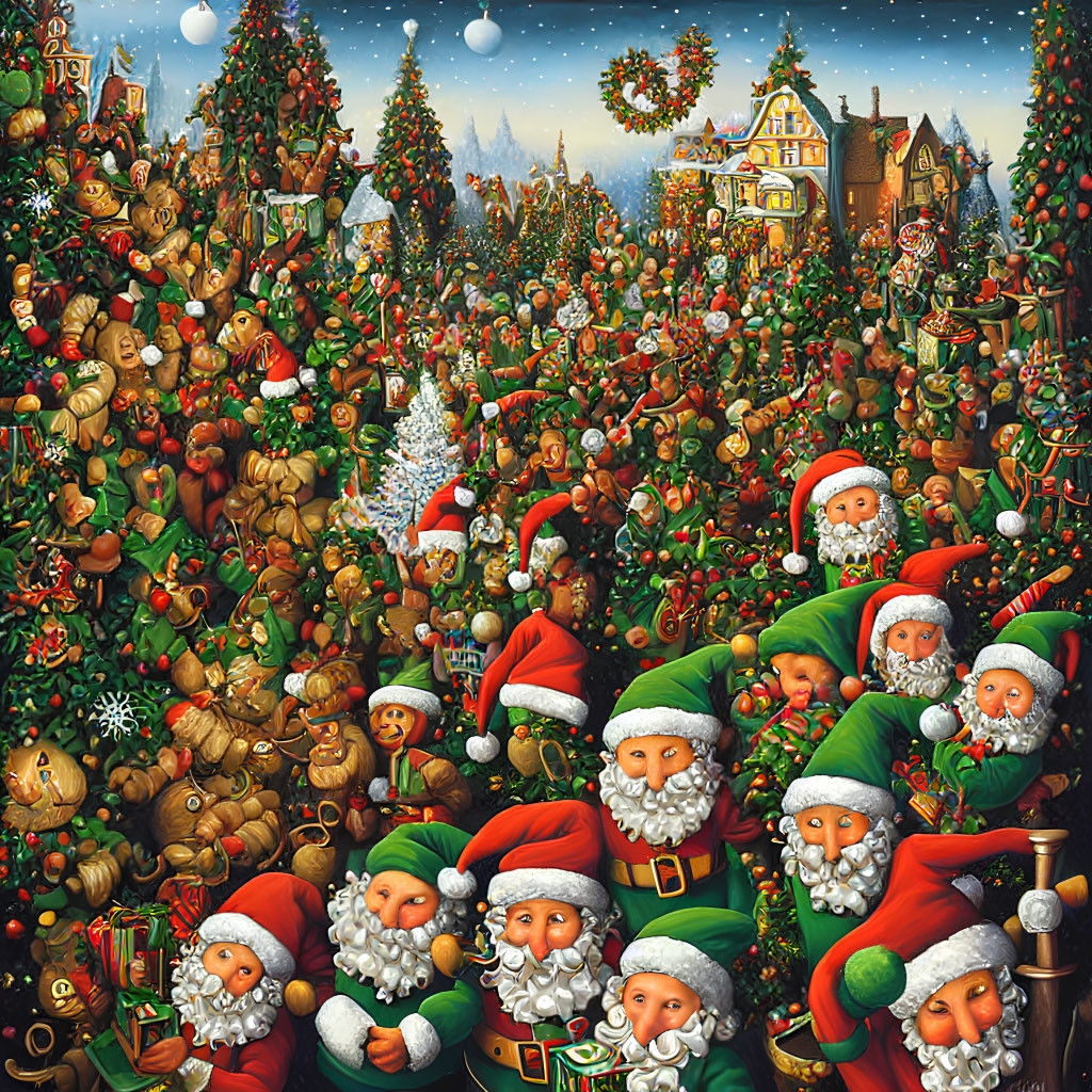 Vibrant Christmas scene with Santas, elves, trees, toys & snowflakes