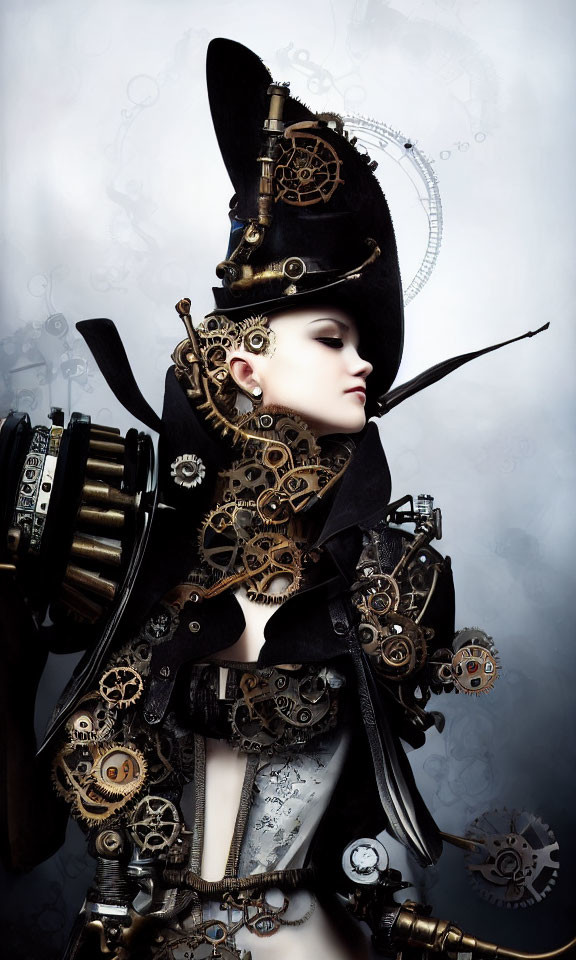 Elaborate steampunk costume with gear accents and top hat