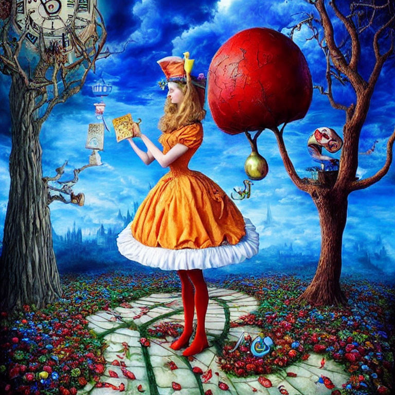 Surreal Alice in Wonderland scene with red sphere and whimsical trees