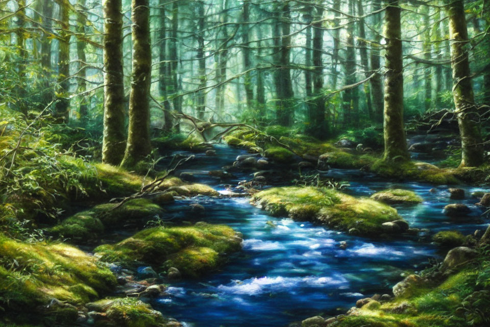 Tranquil Forest Scene with Sunlight, Stream, and Mossy Banks