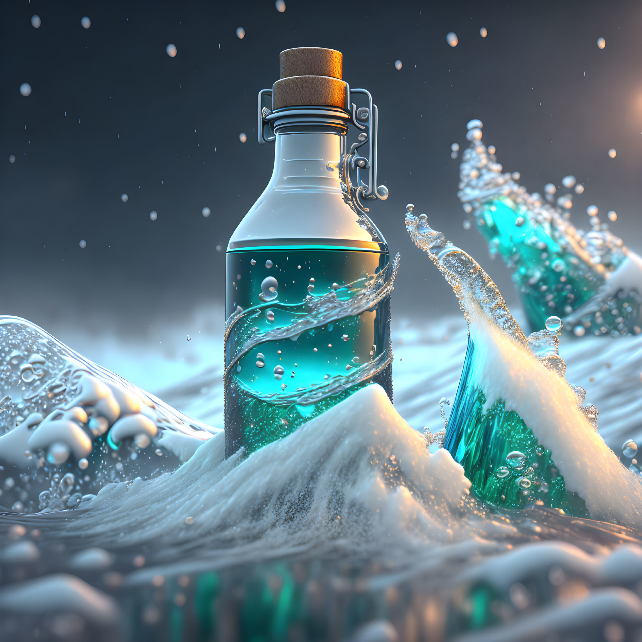 Sealed Glass Bottle with Turquoise Liquid in Ocean Waves