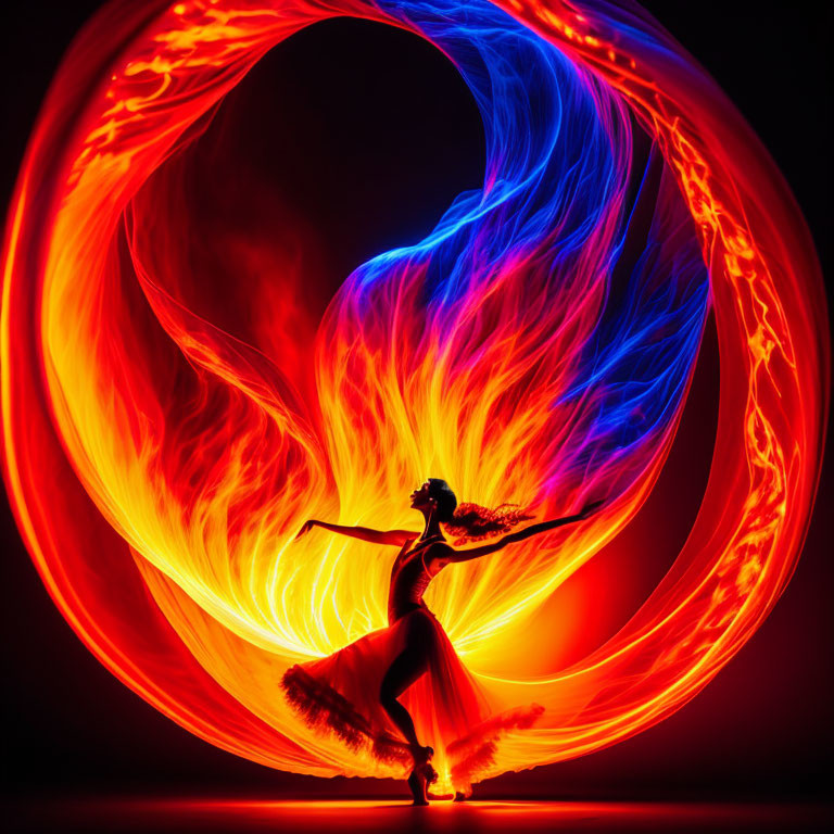 Silhouette of dancer against vibrant red and blue light trails