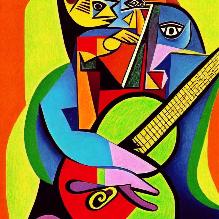 Colorful Cubist Painting of Figure Playing Guitar