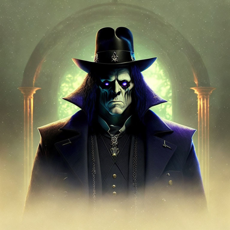 Mysterious figure in long coat with glowing blue eyes and mystical pendant