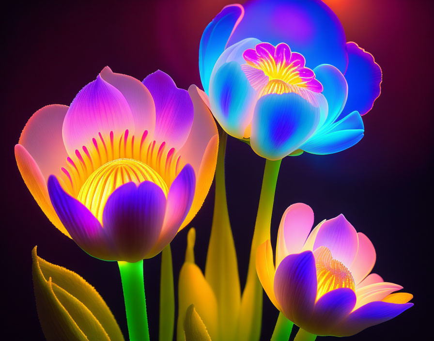 Stylized flowers with neon-like edges on dark gradient background