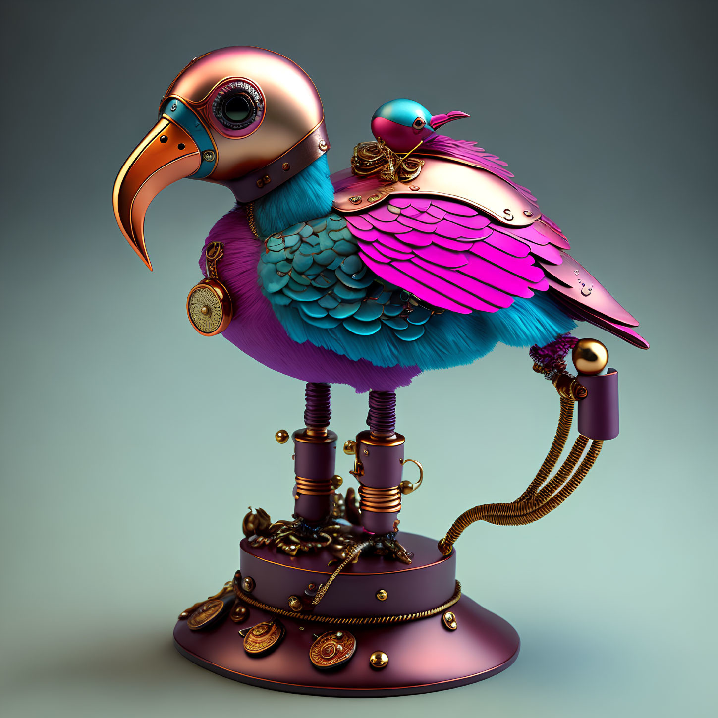 Colorful Steampunk Mechanical Bird with Metallic Beak and Vibrant Feathers