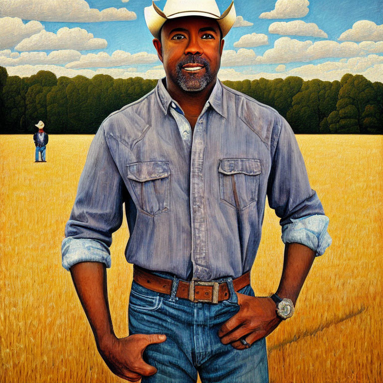 Two people in denim shirt and cowboy hat in wheat field with clouds.