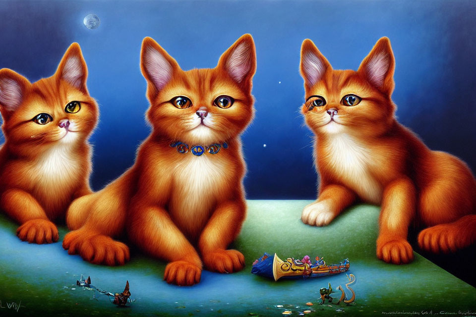 Three oversized anthropomorphic ginger kittens in fantasy landscape with boat and fisherman