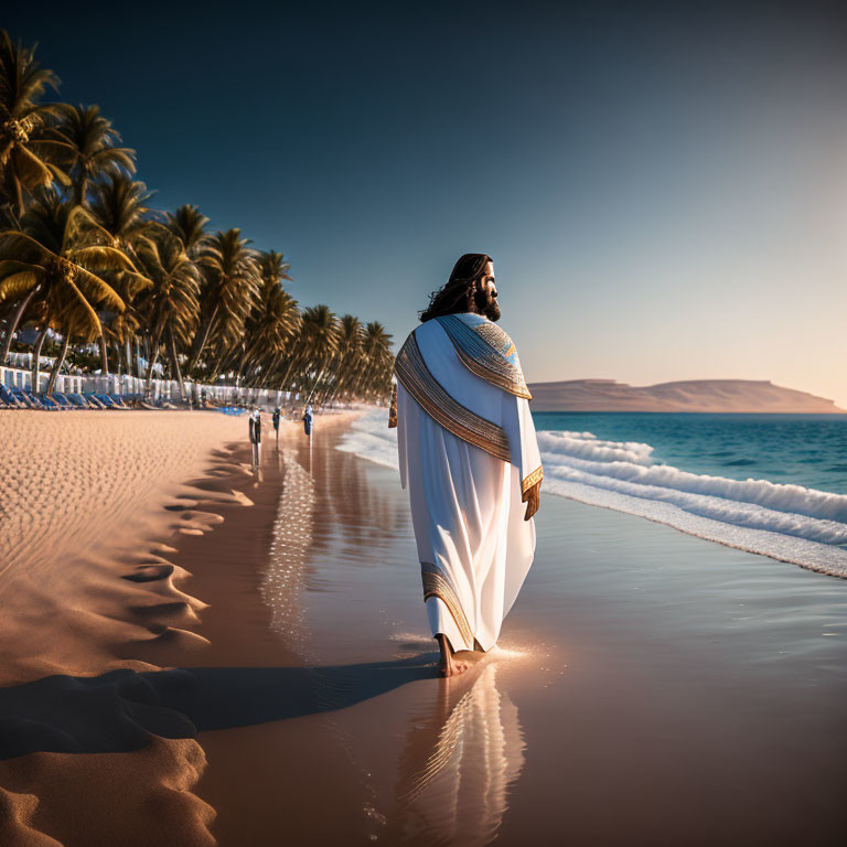 Man in historical robes walking on tropical beach with palm trees and ocean under clear sky