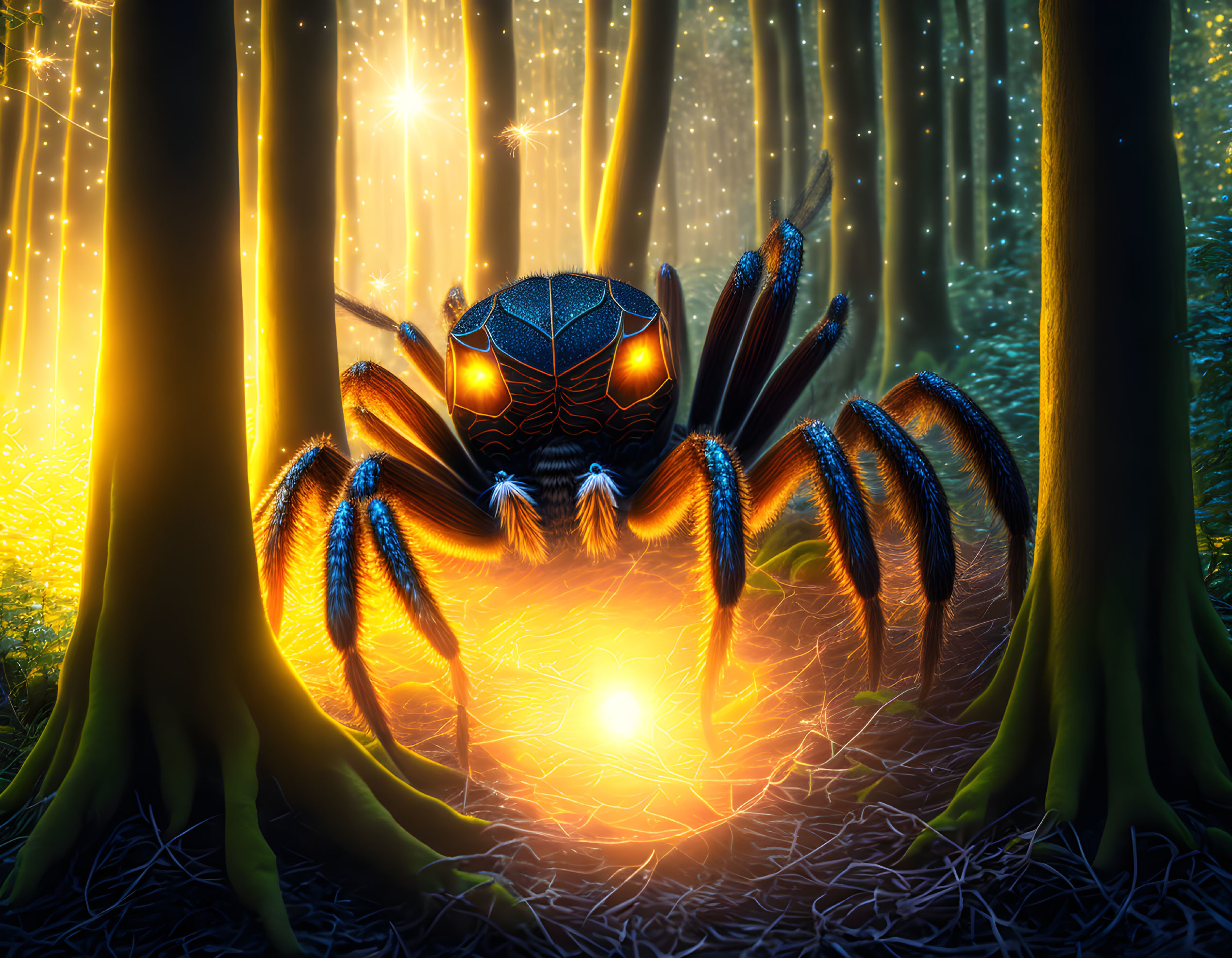 Glowing-eyed spider in mystical forest with illuminated trees