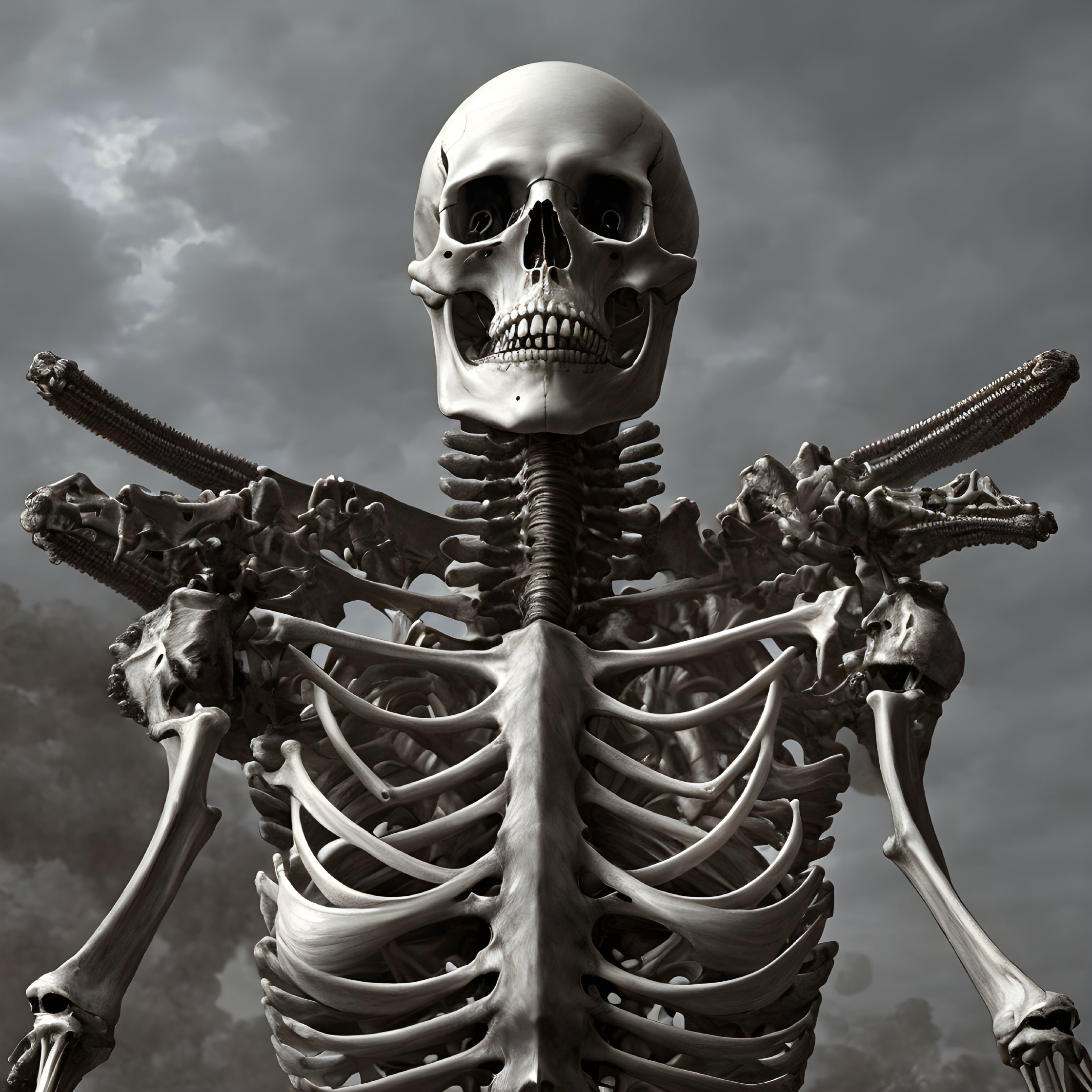 Frontal View of Human Skeletal Structure Against Cloudy Sky