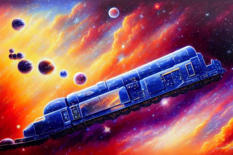 Blue train travels through space amidst fiery nebulae and celestial bodies